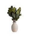 Salal stabilisé dans un vase beige sur une table blanche