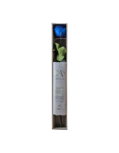 Coffret allongé ouvert avec une rose éternelle bleu foncé sur tige et son feuillet imprimé
