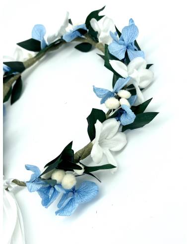 Couronne de fleurs - jasmin blanc et hortensia bleu, vue 5