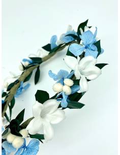 Couronne de fleurs - jasmin blanc et hortensia bleu