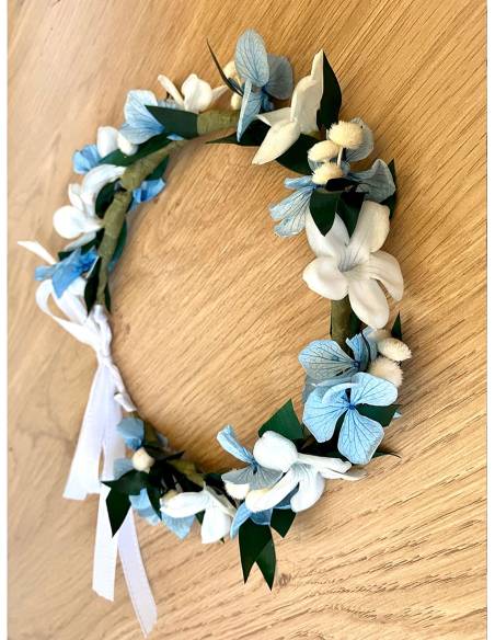 Couronne de fleurs - jasmin blanc et hortensia bleu, vue 6