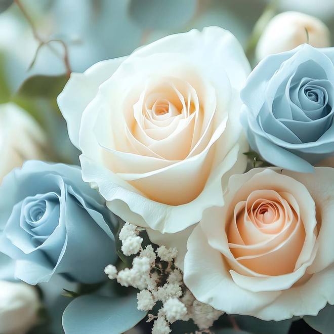 Roses éternelles bleu pastel, ivoire et pêche avec gypsophile